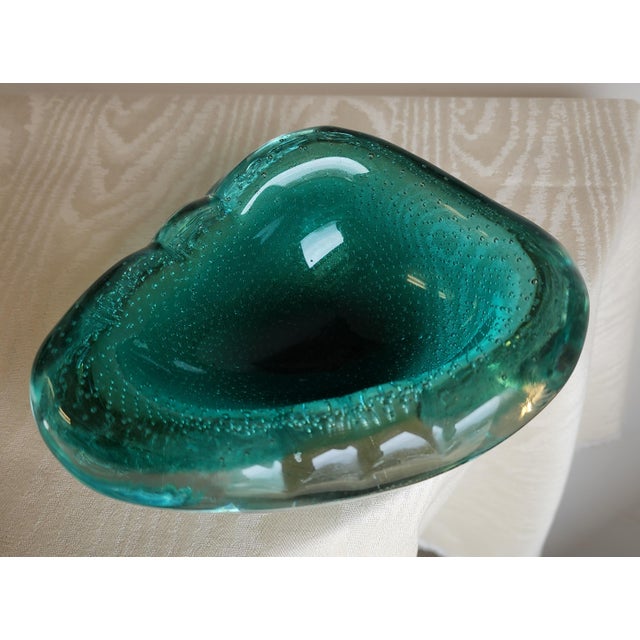 Teal Alfredo Barbini Style Murano Teal Green Gold Flecks Italian Bullicante Art Glass Mid Century Dish Bowl For Sale - Image 8 of 12