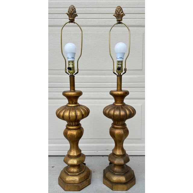 Pair of Monumental 1920s Italian Carved Giltwood Pineapple Table Lamps - 36" Tall Hollywood Regency For Sale - Image 12 of 18