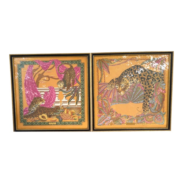 Pair of Framed Salvatore Ferragamo Vintage Leopard Silk Scarves, Circa 1980s–1990s For Sale