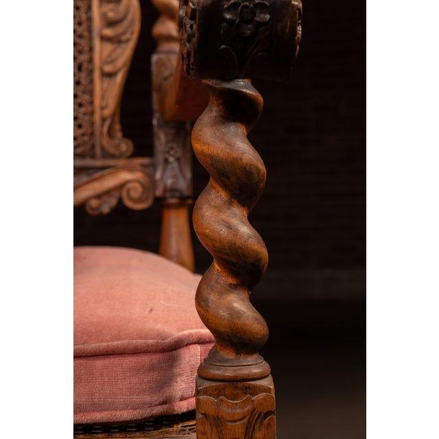 19th Century Ornate Carved Throne With Intricate Cane Backrest For Sale - Image 11 of 17