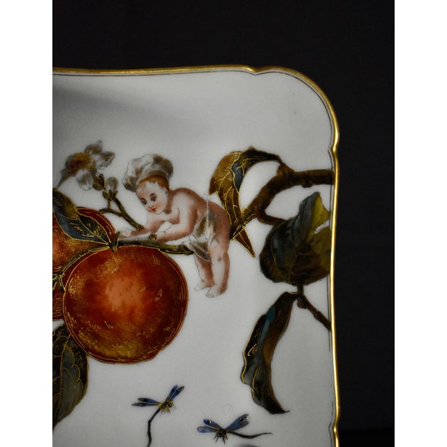 Late 19th Century Antique Limoges France GDM Porcelain Square Dish Plate Putto Cherub Peach Fruit For Sale - Image 5 of 13