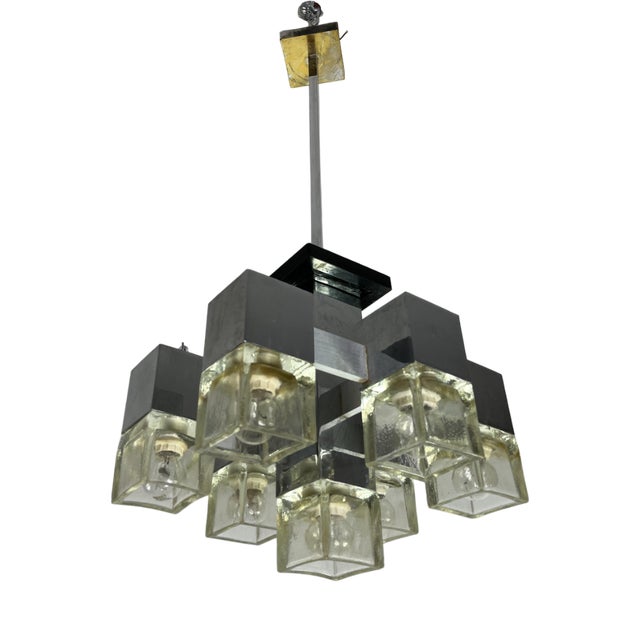 7-Light Chandelier Cubic Model attributed to Gaetano Sciolari, 1970s For Sale