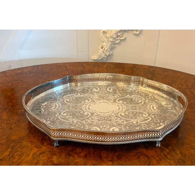 Antique Edwardian Silver-Plated Engraved Tea Tray with Pierced Gallery, 1900 For Sale - Image 15 of 15