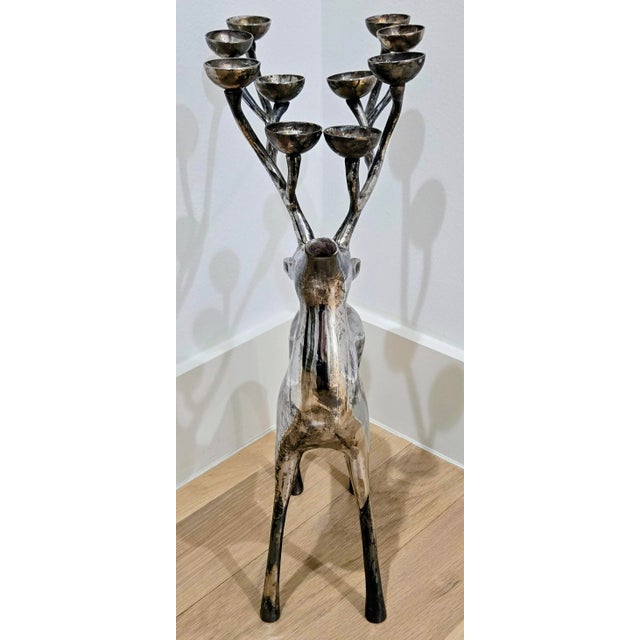 Large Vintage Silver-Tone Stag Deer 10-Light Antler Candelabra For Sale - Image 4 of 9