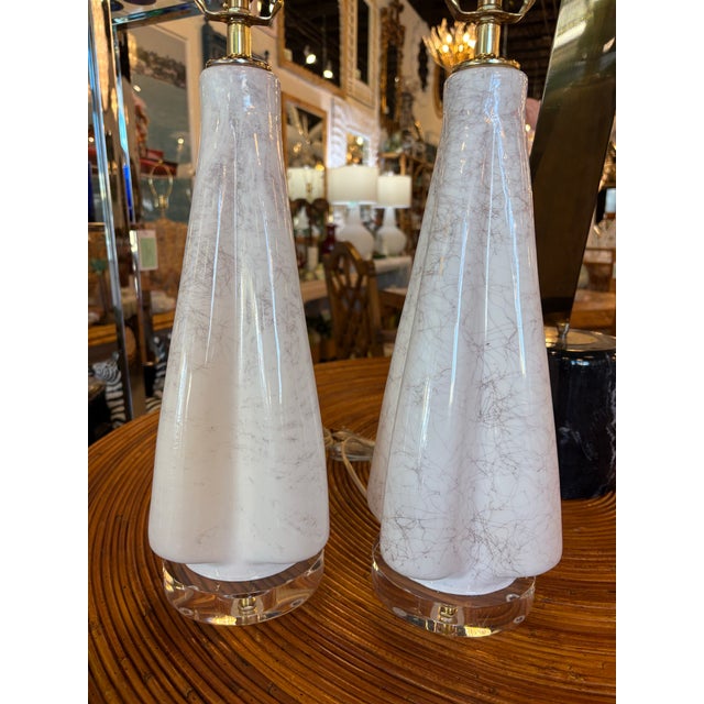 Vintage Murano Style Glass Fluted Scalloped Table Lamps Metallic Veins Newly Wired - a Pair For Sale In West Palm - Image 6 of 12