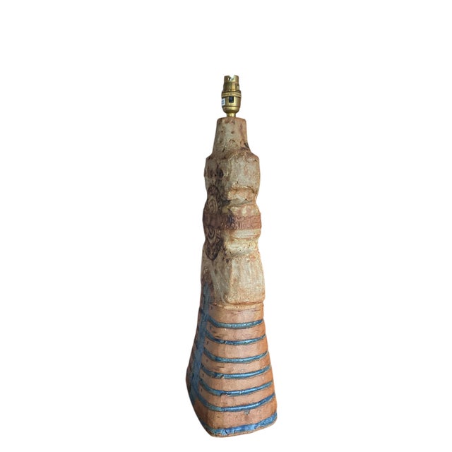 Brutalist stoneware table lamp by Bernard Rooke. Known as a "totem lamp," it features a distinctive architectural form...
