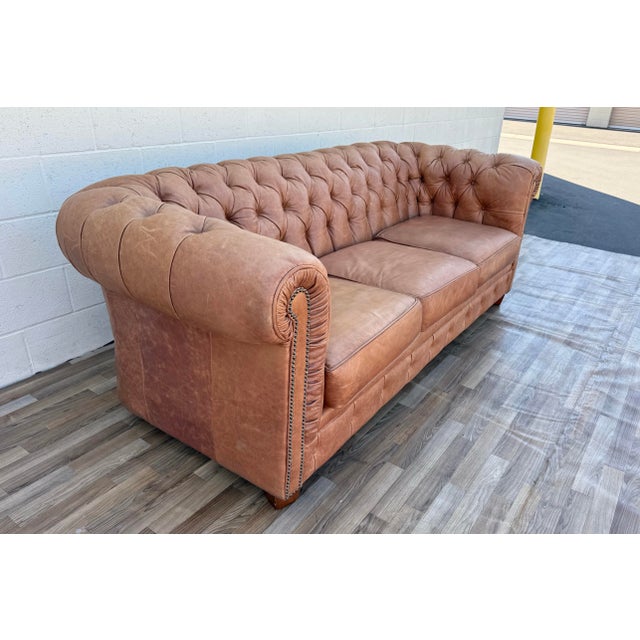 Vintage Distressed Leather Chesterfield Sofa | Made in Canada | Camel Brown | Circa 1990s For Sale - Image 4 of 18