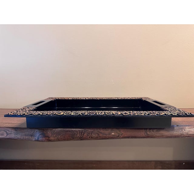Art Deco Vintage Black Laquerware Tray With Walnut Top For Sale - Image 3 of 7