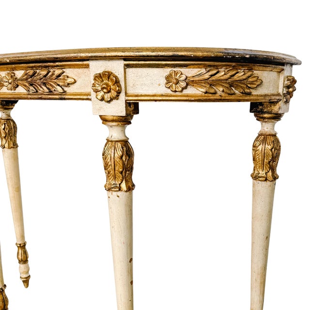 1950s Neoclassical Style Italian Gilt & Cream Painted Finish Demilune Console Table For Sale - Image 10 of 13