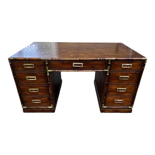 1970s Vintage Faux Bamboo Campaign Style Executive Desk For Sale