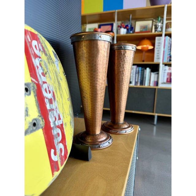 Antique Arts & Crafts Riveted Copper Trumpet Vases Pair Joseph Heinrichs Benedict Art Studio Attr. For Sale - Image 4 of 14