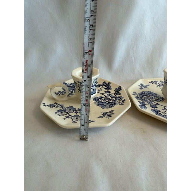 Vintage Mason's Manchu Blue White Ironstone Chamberstick Candle Holders Pair For Sale In Los Angeles - Image 6 of 7