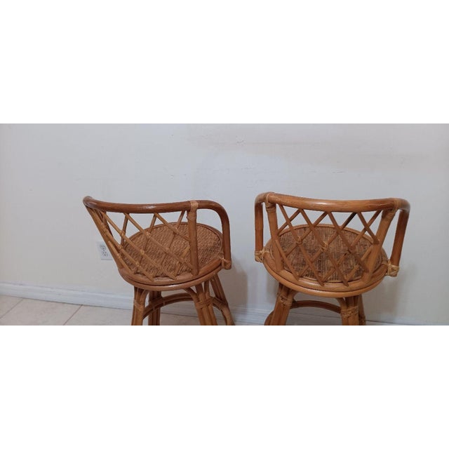 Coastal 1980s Bamboo Wicker Rattan Swivel Barstool Honey Color Set of 2 For Sale - Image 3 of 7