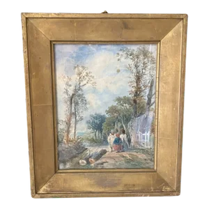 Early 19th Century French Landscape Watercolor Painting in Gold Gilt Frame