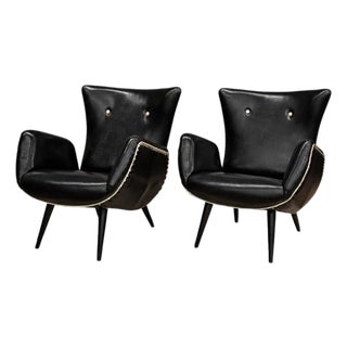 Pair of Armchairs in & Faux Black Leather, Unknown, 1950s For Sale