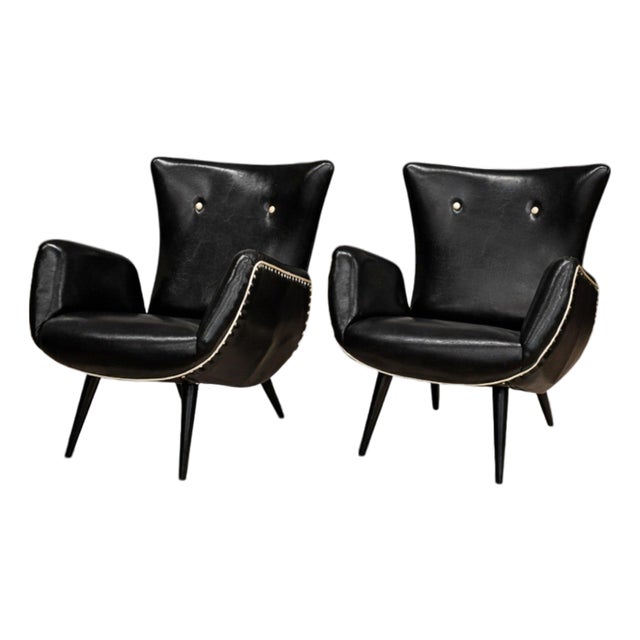 Pair of Armchairs in & Faux Black Leather, Unknown, 1950s For Sale