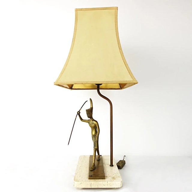 Vintage Neoclassical Marble Foot Table Lamp with Egyptian Warrior For Sale - Image 3 of 17