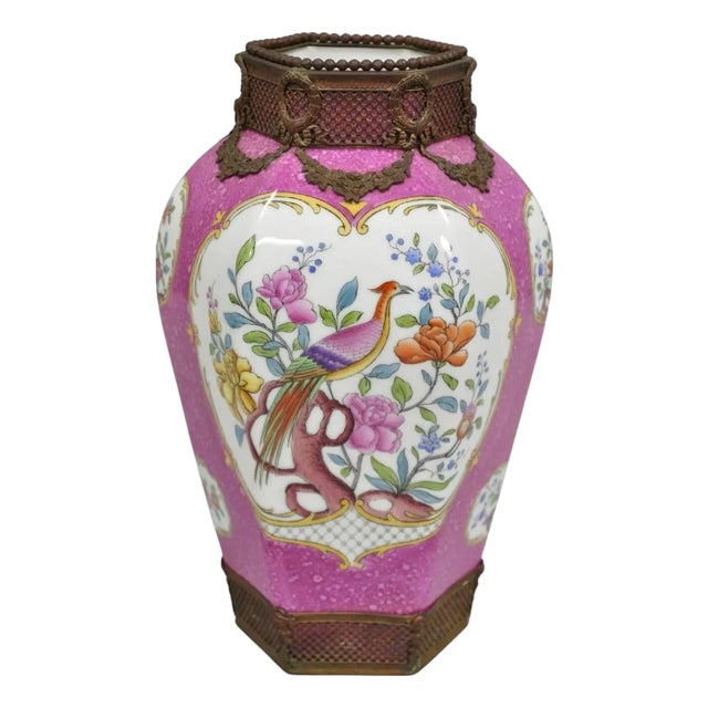 Antique Chinoiserie Pink French Porcelain German Ormulu Bird Painted Vase For Sale