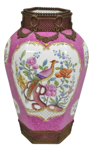Antique Chinoiserie Pink French Porcelain German Ormulu Bird Painted Vase