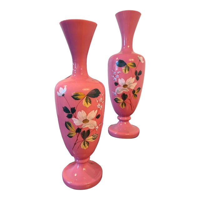 Matching Pair of Pink Bristol Glass Vases, 1860s For Sale