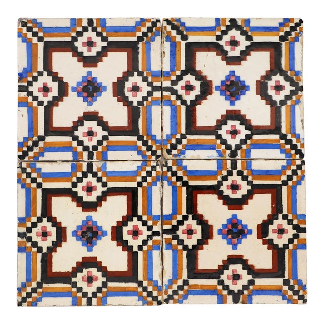 1900s Geometric Antique Tiles, Set of Four, Portuguese For Sale