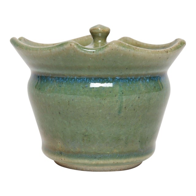 Vintage Petite Studio Ceramic Green Lidded Sugar Bowl by Deanna Nichols For Sale