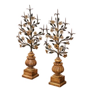 Pair of Mid-Century Italian Giltwood and Wrought Iron Pricket Candle Holders For Sale