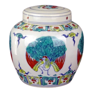 Early 20th Century Chinese Ceramic Tea Jar China Blue and White Doucai Porcelain Chenghua Tian Marked Jar Hand Painted Peacocks Pattern