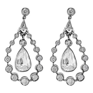 Vintage 8.90ct Pear Rose Cut Diamond Drop Earrings With Halo 18k White Gold, Pair For Sale