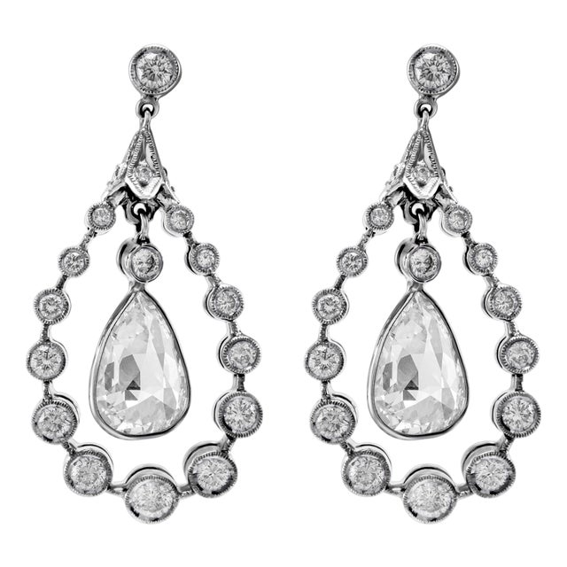 Vintage 8.90ct Pear Rose Cut Diamond Drop Earrings With Halo 18k White Gold, Pair For Sale