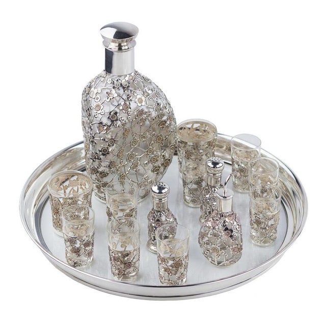 Liqueur Set with Pierced Sterling Silver Overlay, Set of 14 For Sale - Image 11 of 12