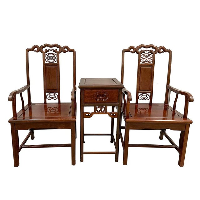 20th Century Chinese Rorsewood Carved Armchairs Set For Sale - Image 13 of 13