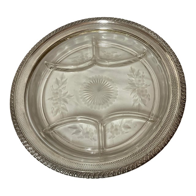 Large Early 20th Century Sterling Etched Crystal Divided Serving Dish For Sale