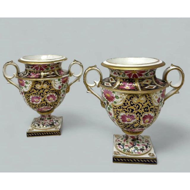English Antique Pair English Royal Crown Derby Campana Porcelain Urns Vases Imari Patern For Sale - Image 3 of 9