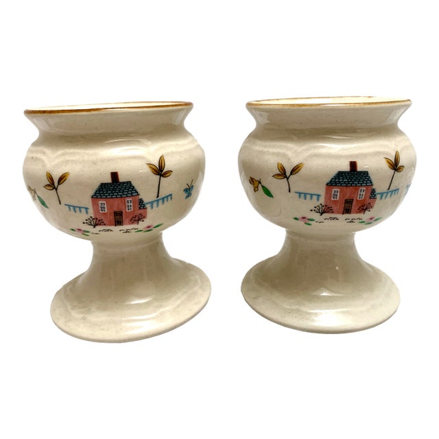 French Country Cottage Pottery Ceramic Painted Candleholders, a Pair For Sale