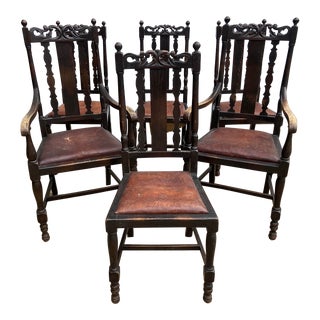 Vintage Jacobean Oak Gothic Revival Ornate Carved Dining Chairs With Worn Leather Seats- Set of 6 For Sale