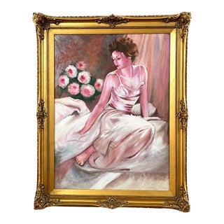 Romantic Portrait Painting of a Woman in a White Gown – Ornate Gold Leaf Frame For Sale