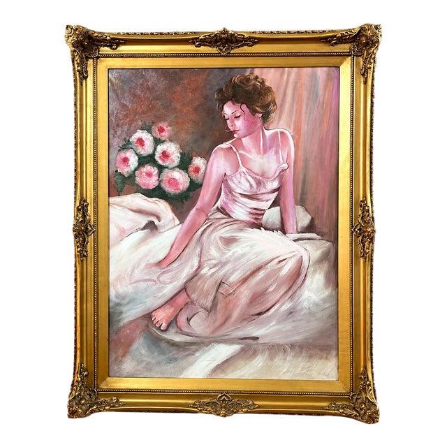 Romantic Portrait Painting of a Woman in a White Gown – Ornate Gold Leaf Frame For Sale