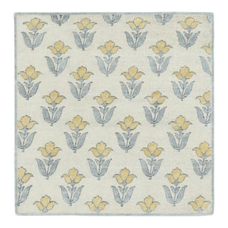 Rug & Kilim’s Block Print Square Rug With Ivory Field and Gold Floral Blossoms For Sale