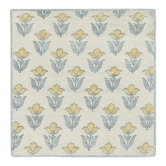 Rug & Kilim’s Block Print Square Rug With Ivory Field and Gold Floral Blossoms For Sale