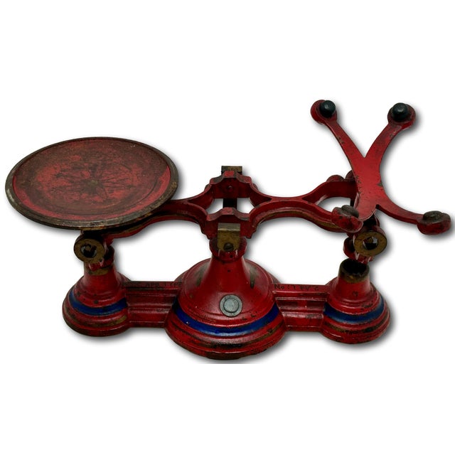 Ruby Red Nice Antique American Victorian Cast Iron & Brass Small Size Kitchen Scale With Excellent Original Red & Blue Paint For Sale - Image 8 of 18