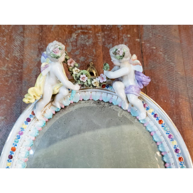 Glass 19th Century Dresden German Porcelain Mirror With Cherubs, Sitzendorf Mark For Sale - Image 7 of 17