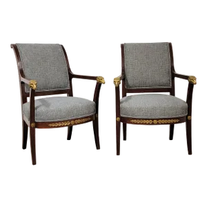 19th-C. Italian Neo-Classical Style Bergere Chairs With Cast Bronze Rams, Pair