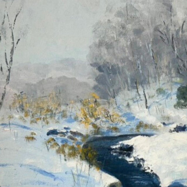Walter Wohlschlegel Signed Modern Art Fauve Oil Painting, "Brook in Winter" Signed and Dated 1965 in Blue, White and Lavender For Sale - Image 4 of 10
