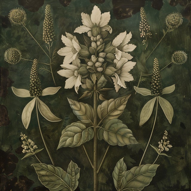 Grisaille Dark Green Flowers - Botanical Fine Art Print Dimensions: Print size (in): 18 x 18 (additional white borders for...