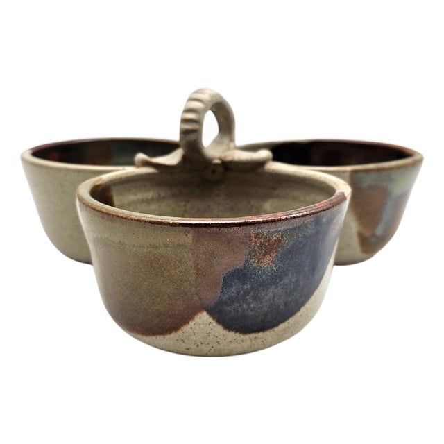 Benitta Pauly California Studio Pottery Triple Condiment Server — Signed, 1991 For Sale