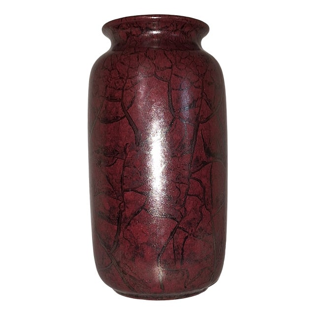 Vintage German Red Marbled Ceramic Vase, 1970s For Sale