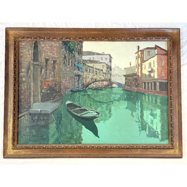 Large Vintage Signed and Framed Painting on Canvas of Venice Canal For Sale - Image 15 of 17