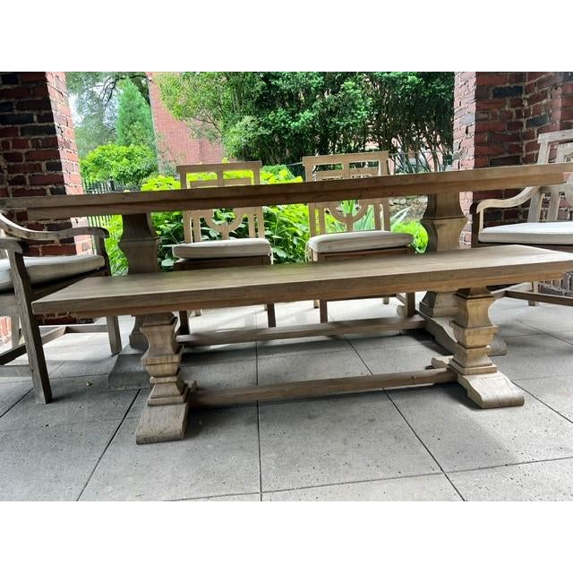 Traditional Arhaus Hamptons Outdoor Teak Dining Set – 84" Table, Bench, 4 Chairs, Beverage Cart & Cushions For Sale - Image 3 of 15