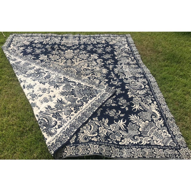 Antique 1844 Jacquard Hand-Loomed Blue Cream Cotton Wool Textile Coverlet For Sale - Image 11 of 13